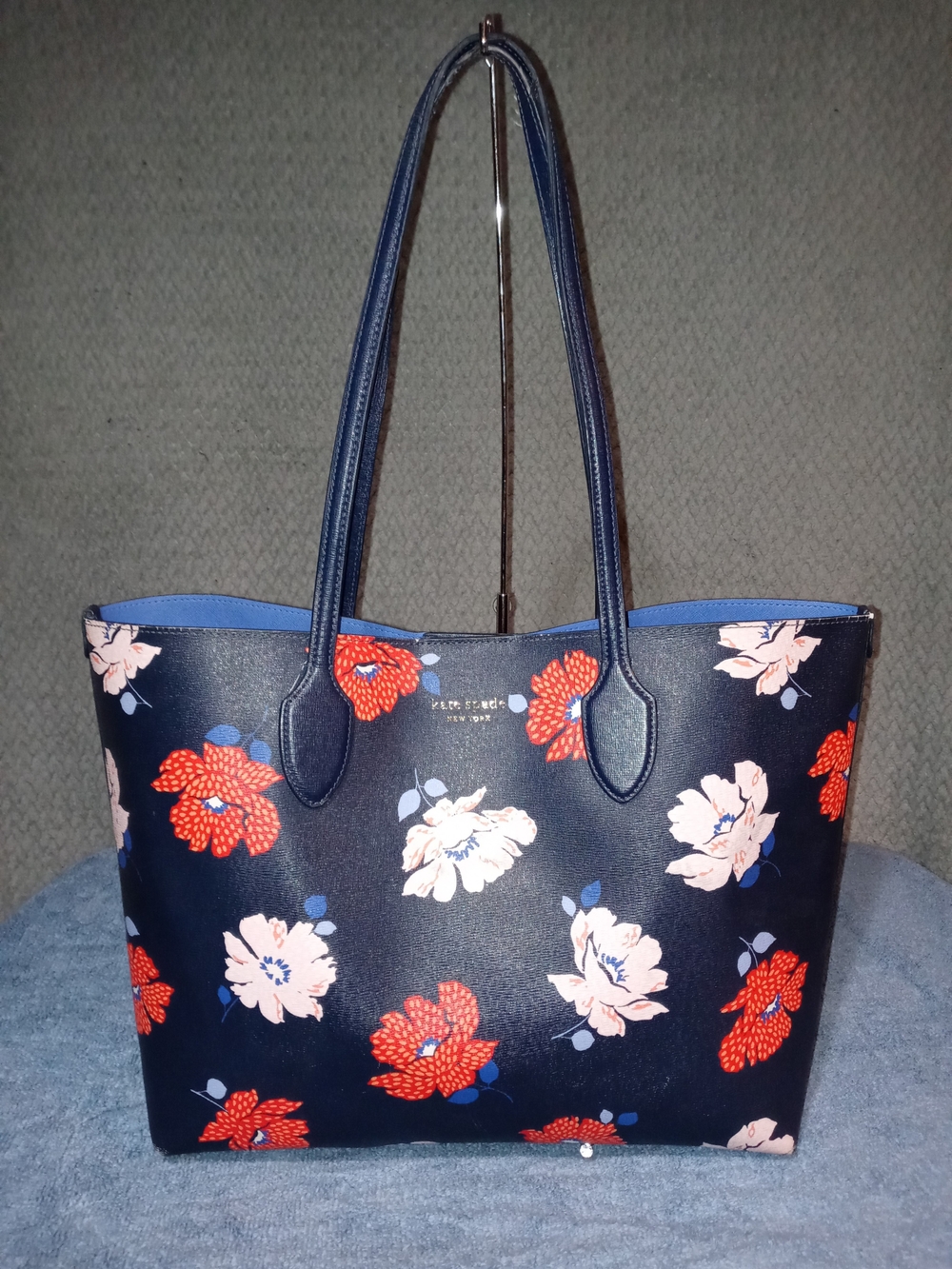 Floral Navy Tote Bag with Red & Pink Blooms